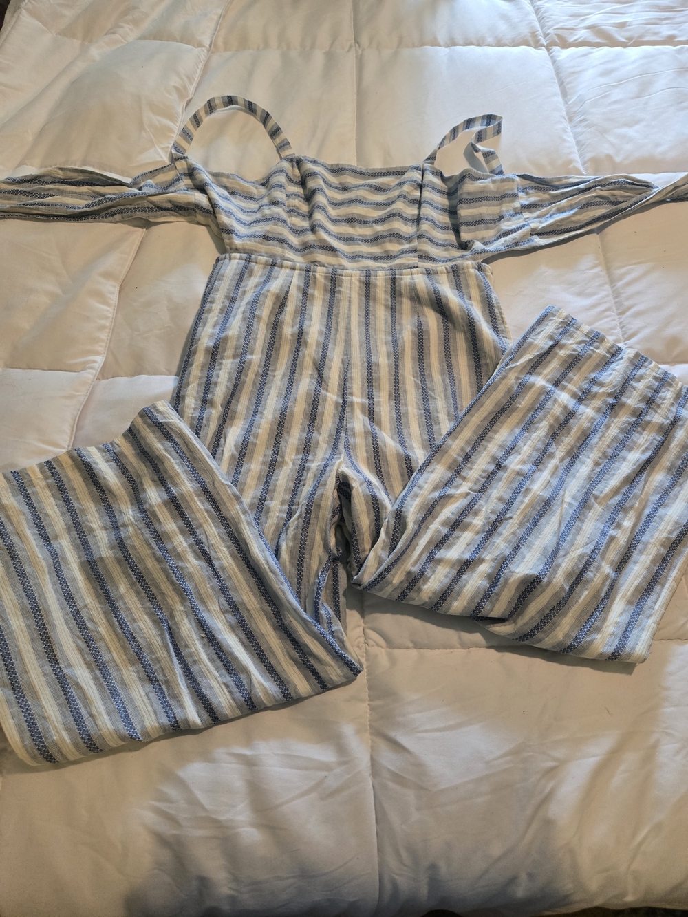 Gianni Bini Blue and White Striped Off-Shoulder Jumpsuit
